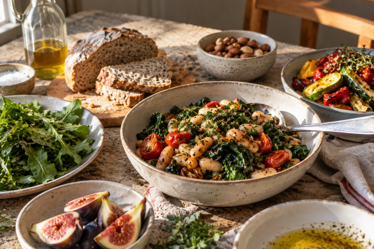 Beans, leafy greens, wholegrain bread, nuts and vegetables on a table.