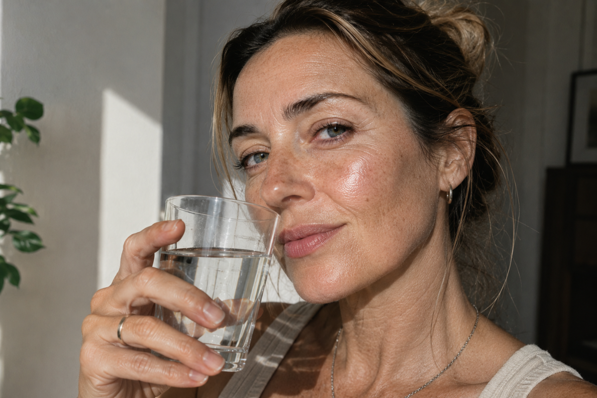 Middle-aged woman with glowing skin holding a glass of water.